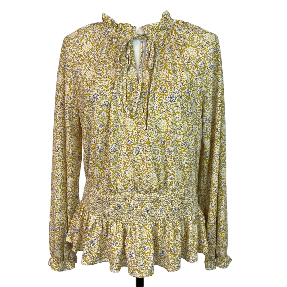Melloday Floral Ruffle Blouse Top Medium Yellow and Gray Boho Tie Keyhole Wrap